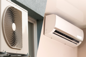 Split-Klimaanlage mit Innen- und Außeneinheit an einer Hauswand installiert