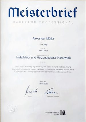 Meisterbrief Installateur- und Heizungsbauer-Handwerk für Alexander Müller – verliehen von der Handwerkskammer zu Köln am 23.02.2022
