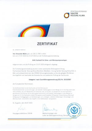 Zertifikat über die bestandene Prüfung zur SHK-Fachkraft für Klima- und Wärmepumpenanlagen gemäß EU-Verordnung Nr. 2015/2067, ausgestellt vom Zentralverband Sanitär Heizung Klima
