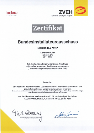 Sachkundenachweis für Alexander Müller – Anschluss elektrischer Anlagen nach Niederspannungsrichtlinie (TREI) – Bundesinstallateurausschuss 2025